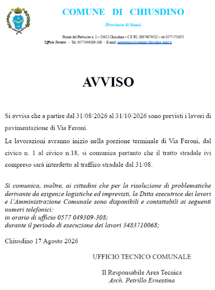 Avviso ai cittadini - Pavimentazione Via Feroni