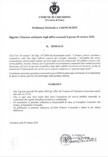 Chiusura anticipata degli uffici comunali il giorno 09 ottobre 2025 Chiusura anticipata degli uffici comunali il giorno 09 ottobre 2025